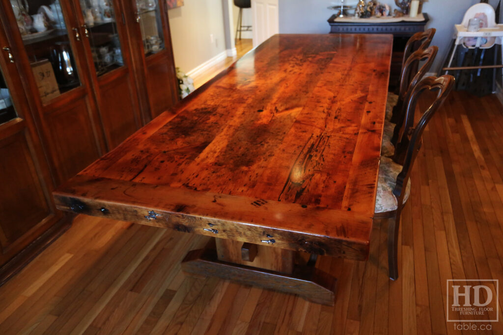 9' 2" Ontario Barnwood Table  - 40" wide - Extra thick 3" Joist Material Top - Trestle Base - Old Growth Reclaimed Hemlock Threshing Floor Pine Construction - Original edges + distressing maintained - Premium epoxy + satin polyurethane finish - www.table.ca