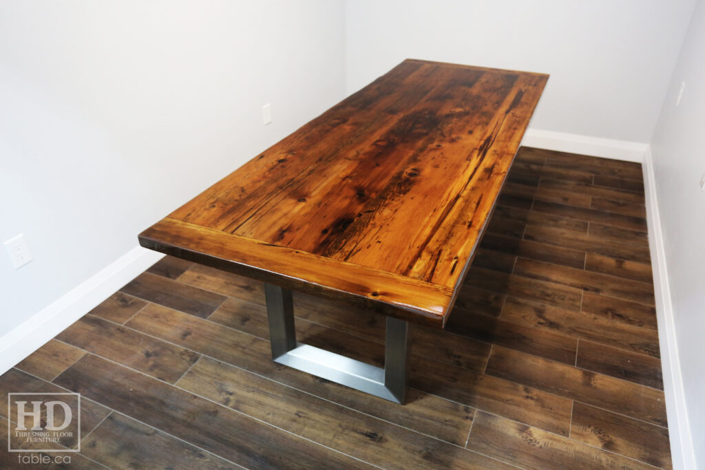 86" Ontario Barnwood Table we made for a Cambridge office - 36" wide - U Shaped Metal Base - Old Growth Reclaimed Hemlock Threshing Floor Construction - Premium epoxy + High Gloss Option Polyurethane Finish - Original edges & distressing maintained - www.table.ca