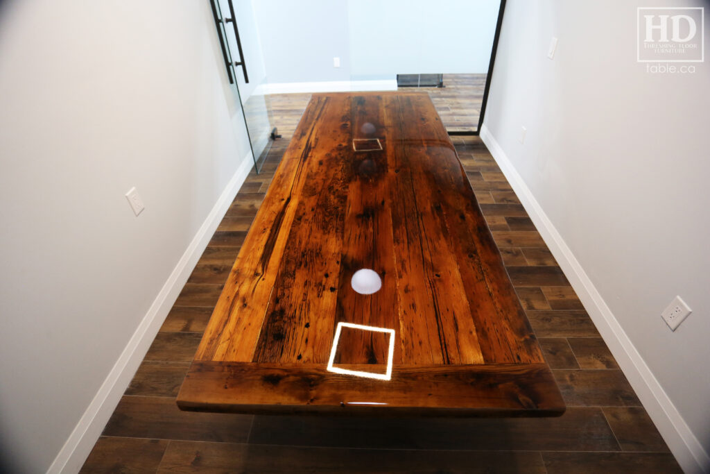 86" Ontario Barnwood Table we made for a Cambridge office - 36" wide - U Shaped Metal Base - Old Growth Reclaimed Hemlock Threshing Floor Construction - Premium epoxy + High Gloss Option Polyurethane Finish - Original edges & distressing maintained - www.table.ca
