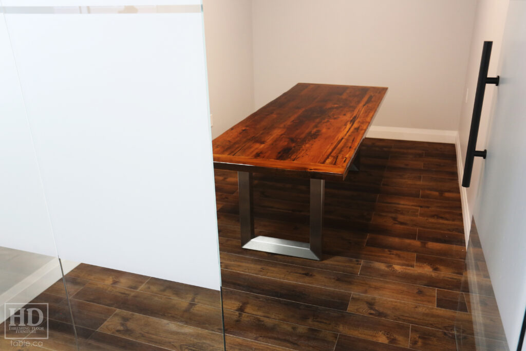 86" Ontario Barnwood Table we made for a Cambridge office - 36" wide - U Shaped Metal Base - Old Growth Reclaimed Hemlock Threshing Floor Construction - Premium epoxy + High Gloss Option Polyurethane Finish - Original edges & distressing maintained - www.table.ca