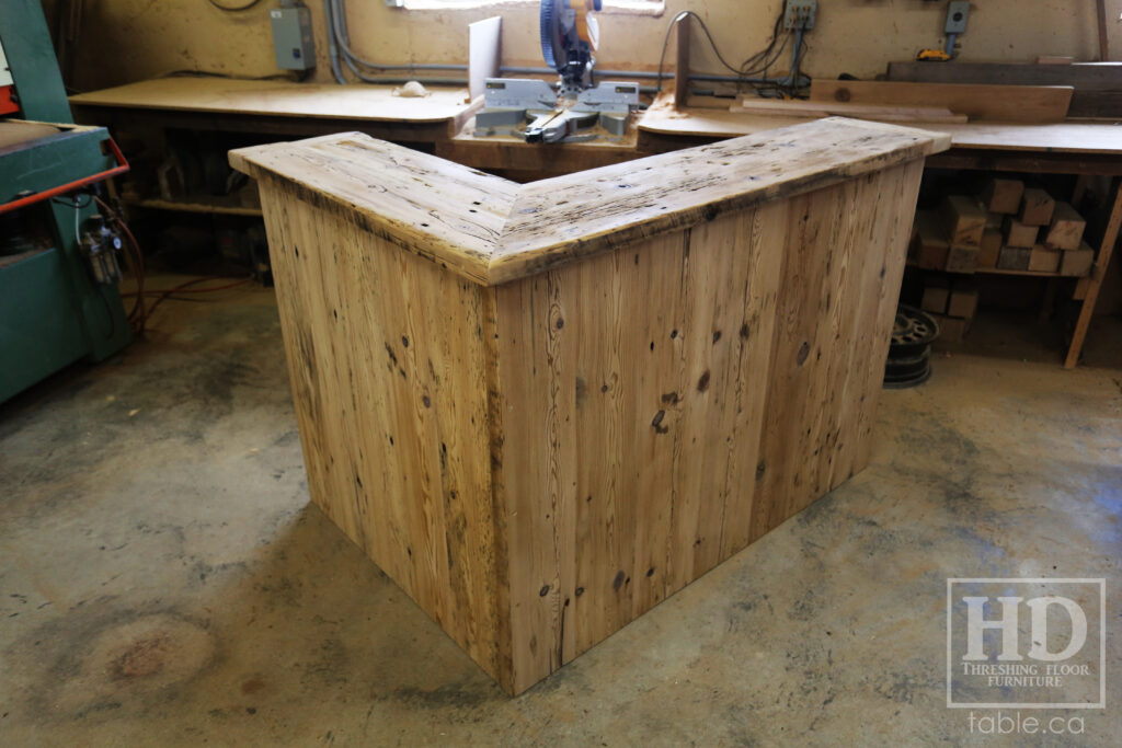 60" Ontario Barnwood Reception Desk we delivered to a Cambridge this week - Top 14" depth -  43" Return - Mitered Corner - Old Growth Reclaimed Hemlock Threshing Floor Construction - Base/Walls Hand Epoxied as well Option - Premium epoxy + Satin Polyurethane Finish - Original edges & distressing maintained - 57" x 38" [matching] Desk Within - www.table.ca