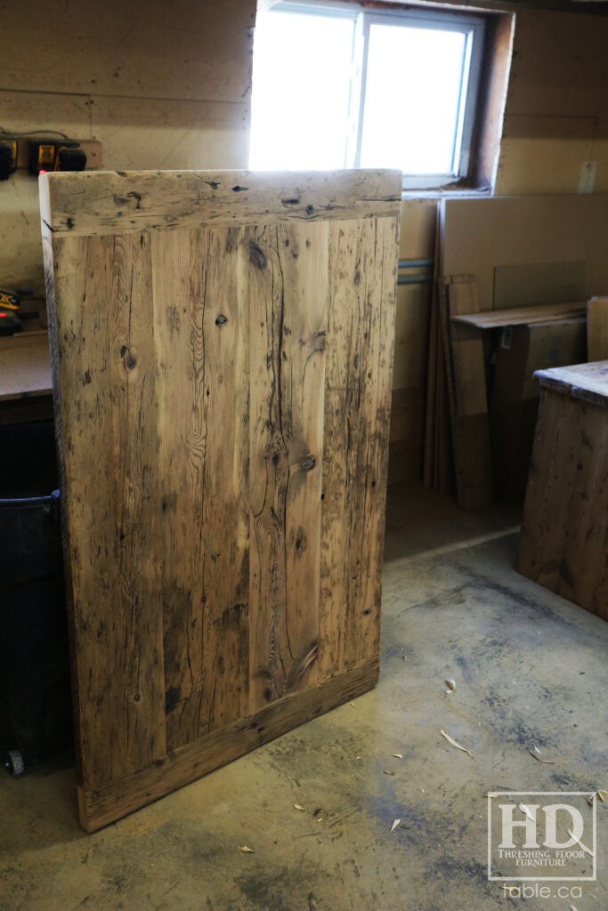 60" Ontario Barnwood Reception Desk we delivered to a Cambridge this week - Top 14" depth -  43" Return - Mitered Corner - Old Growth Reclaimed Hemlock Threshing Floor Construction - Base/Walls Hand Epoxied as well Option - Premium epoxy + Satin Polyurethane Finish - Original edges & distressing maintained - 57" x 38" [matching] Desk Within - www.table.ca