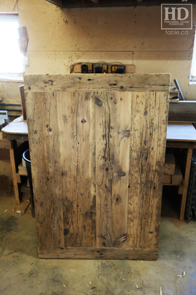 60" Ontario Barnwood Reception Desk we delivered to a Cambridge this week - Top 14" depth -  43" Return - Mitered Corner - Old Growth Reclaimed Hemlock Threshing Floor Construction - Base/Walls Hand Epoxied as well Option - Premium epoxy + Satin Polyurethane Finish - Original edges & distressing maintained - 57" x 38" [matching] Desk Within - www.table.ca