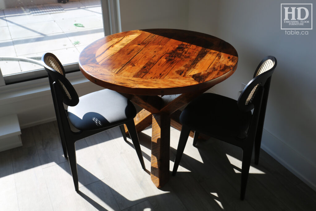 40" Ontario Barnwood Round Table we delivered to a North York home today - Modified X 4" x 4" Windbrace Beam Base - Reclaimed Old Growth Hemlock Threshing Floor Construction - Original distressing & edges maintained - Premium epoxy + satin polyurethane finish - www.table.ca
