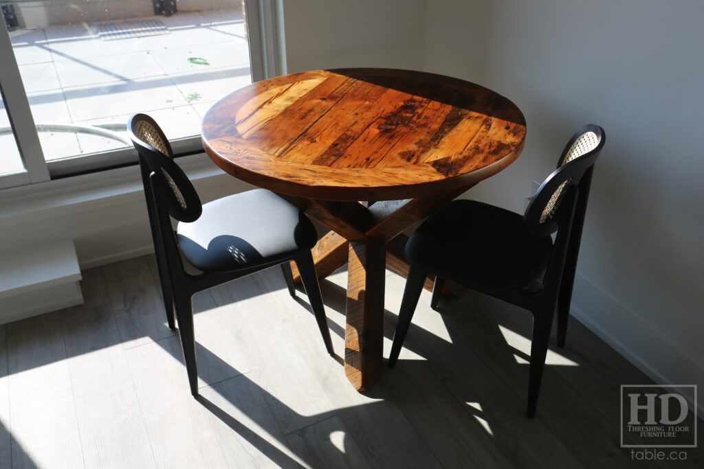 40" Ontario Barnwood Round Table we delivered to a North York home today - Modified X 4" x 4" Windbrace Beam Base - Reclaimed Old Growth Hemlock Threshing Floor Construction - Original distressing & edges maintained - Premium epoxy + satin polyurethane finish - www.table.ca