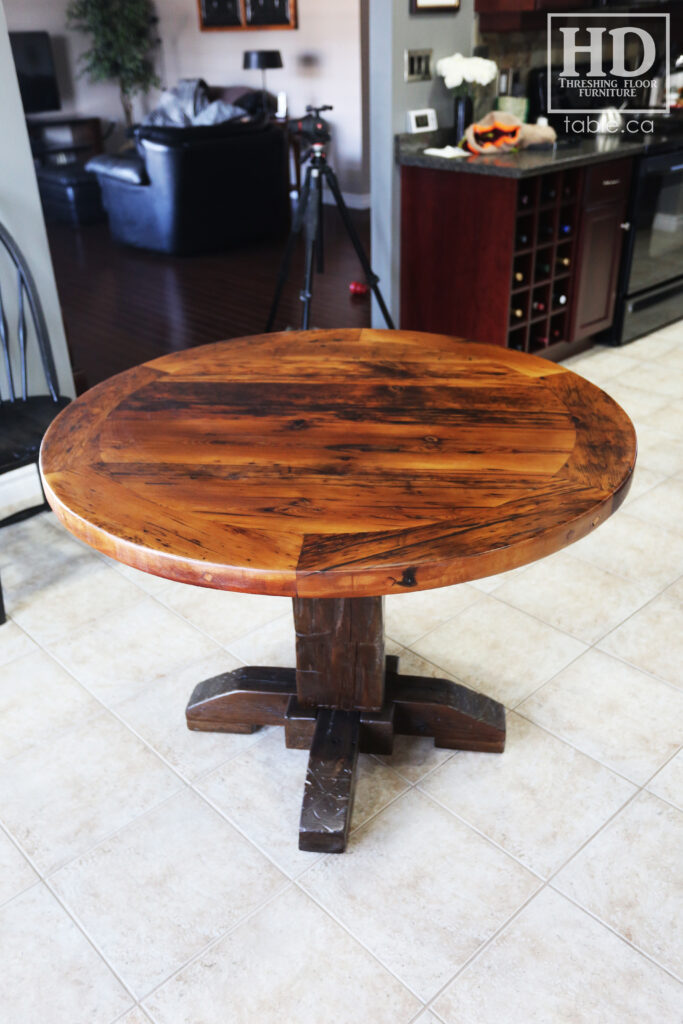 Ontario Barnwood Round Tale with Black Stain Base Option - Old Growth Hemlock Threshing Floor 2" Top Construction - Hand-Hewn Beam Base - Premium epoxy + satin polyurethane finish - www.table.ca