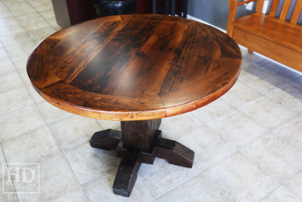 Ontario Barnwood Round Tale with Black Stain Base Option - Old Growth Hemlock Threshing Floor 2" Top Construction - Hand-Hewn Beam Base - Premium epoxy + satin polyurethane finish - www.table.ca