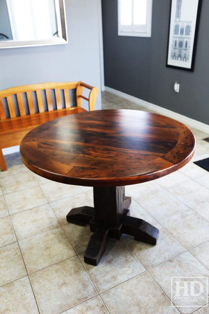 Ontario Barnwood Round Tale with Black Stain Base Option - Old Growth Hemlock Threshing Floor 2" Top Construction - Hand-Hewn Beam Base - Premium epoxy + satin polyurethane finish - www.table.ca