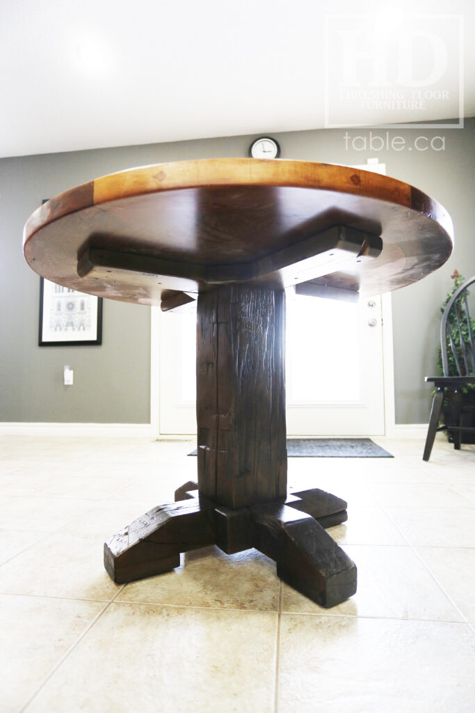 Ontario Barnwood Round Tale with Black Stain Base Option - Old Growth Hemlock Threshing Floor 2" Top Construction - Hand-Hewn Beam Base - Premium epoxy + satin polyurethane finish - www.table.ca