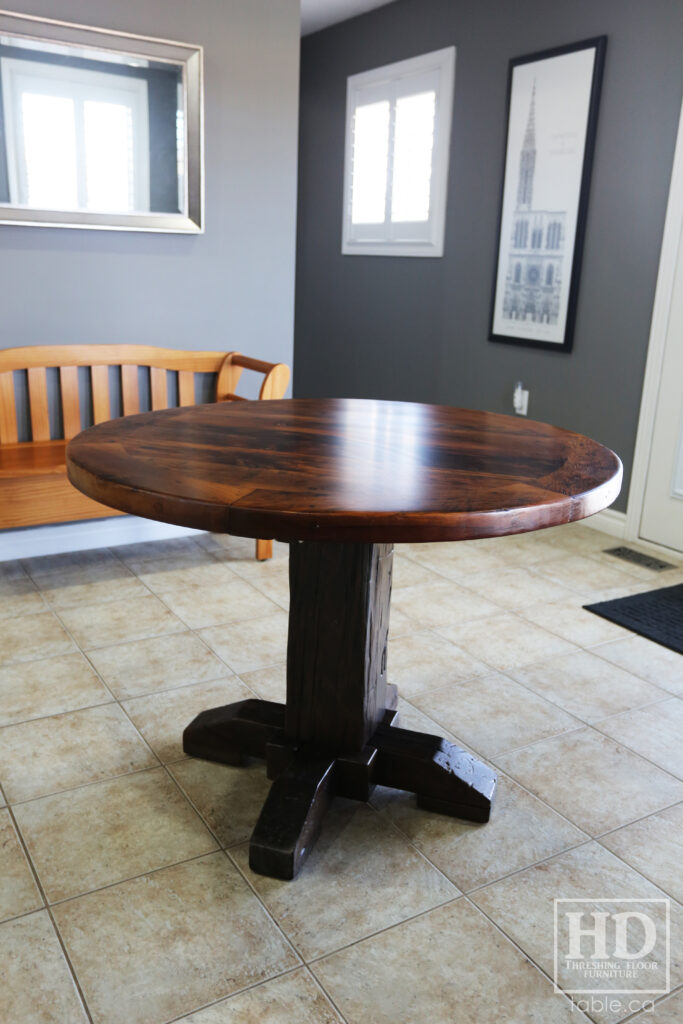 Ontario Barnwood Round Tale with Black Stain Base Option - Old Growth Hemlock Threshing Floor 2" Top Construction - Hand-Hewn Beam Base - Premium epoxy + satin polyurethane finish - www.table.ca