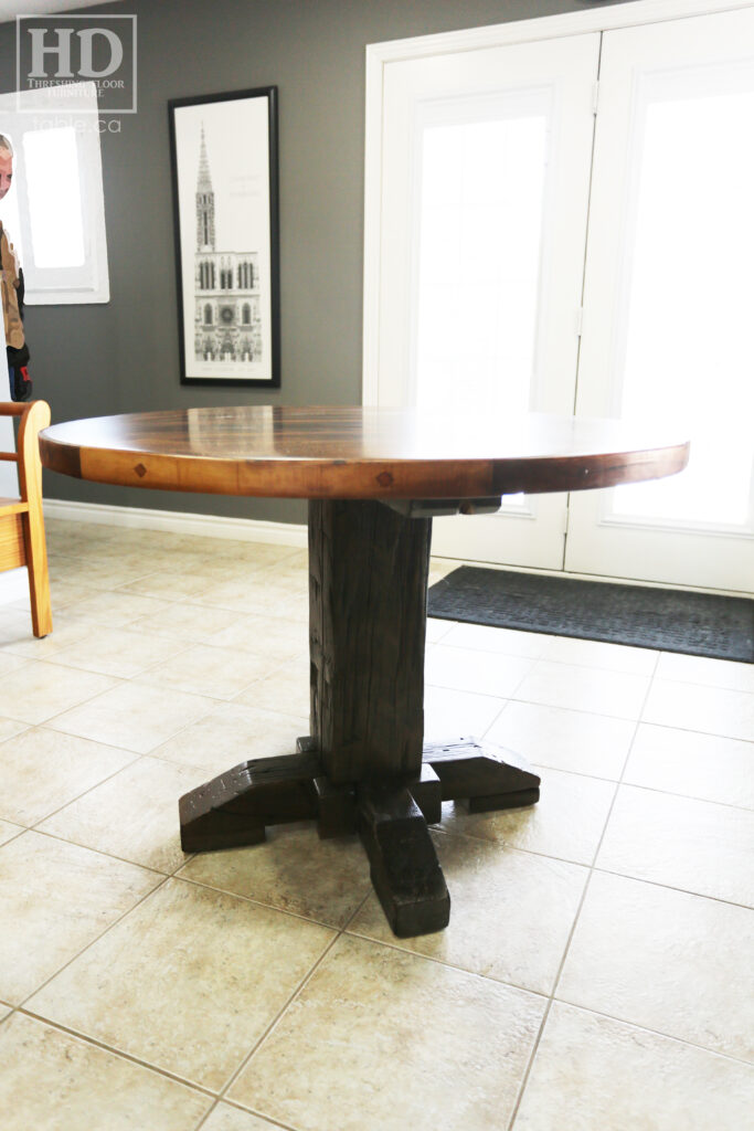 Ontario Barnwood Round Tale with Black Stain Base Option - Old Growth Hemlock Threshing Floor 2" Top Construction - Hand-Hewn Beam Base - Premium epoxy + satin polyurethane finish - www.table.ca