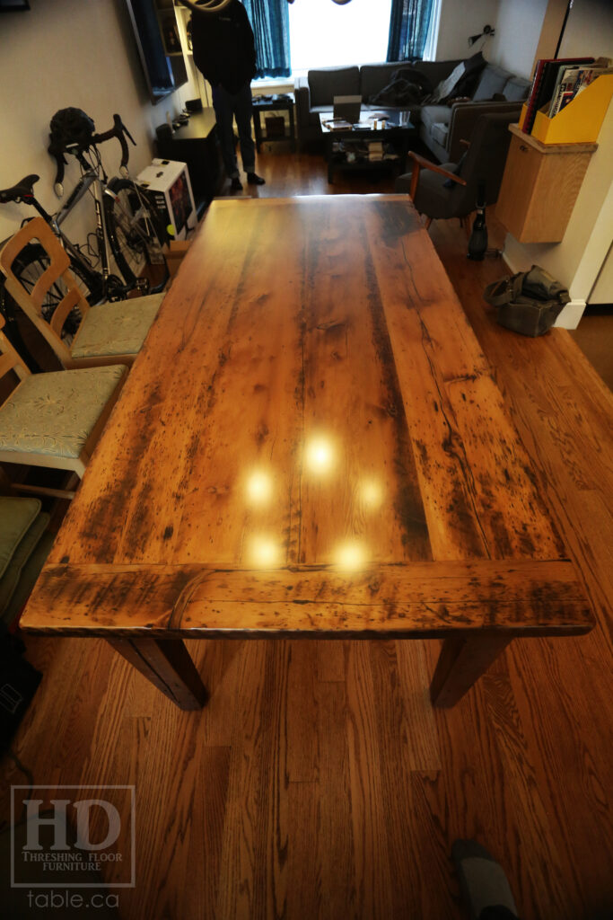 6.5' Ontario Barnwood Table - Harvest Base: Tapered with a Notch Windbrace Beam Legs - Reclaimed Old Growth Hemlock Threshing Floor Construction - Original distressing & edges maintained - Premium epoxy + satin polyurethane finish - www.table.ca