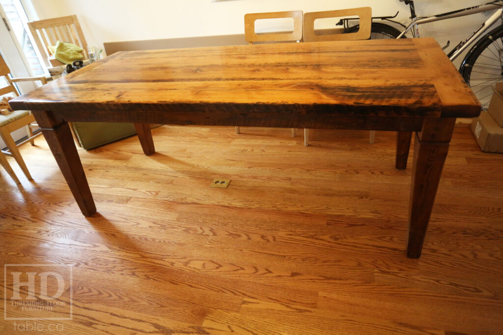 6.5' Ontario Barnwood Table - Harvest Base: Tapered with a Notch Windbrace Beam Legs - Reclaimed Old Growth Hemlock Threshing Floor Construction - Original distressing & edges maintained - Premium epoxy + satin polyurethane finish - www.table.ca