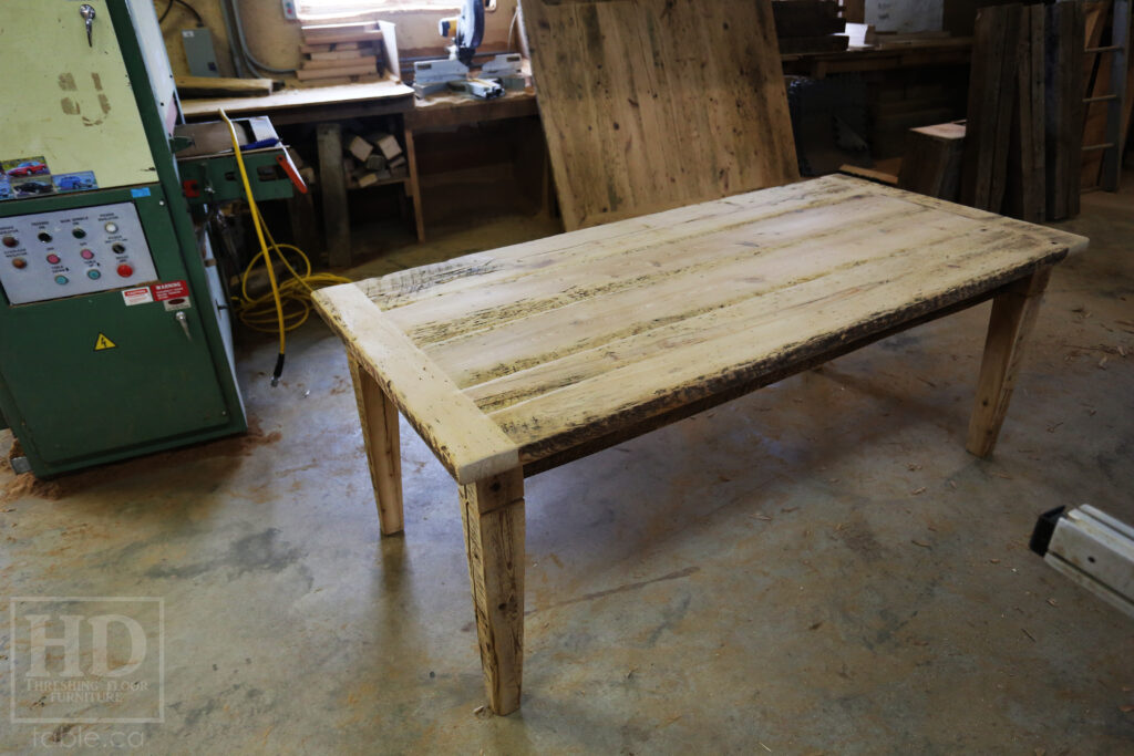 6.5' Ontario Barnwood Table - Harvest Base: Tapered with a Notch Windbrace Beam Legs - Reclaimed Old Growth Hemlock Threshing Floor Construction - Original distressing & edges maintained - Premium epoxy + satin polyurethane finish - www.table.ca