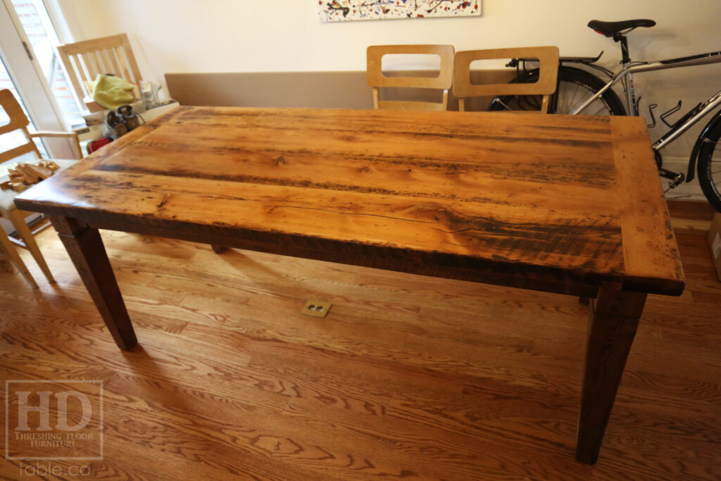 6.5' Ontario Barnwood Table - Harvest Base: Tapered with a Notch Windbrace Beam Legs - Reclaimed Old Growth Hemlock Threshing Floor Construction - Original distressing & edges maintained - Premium epoxy + satin polyurethane finish - www.table.ca