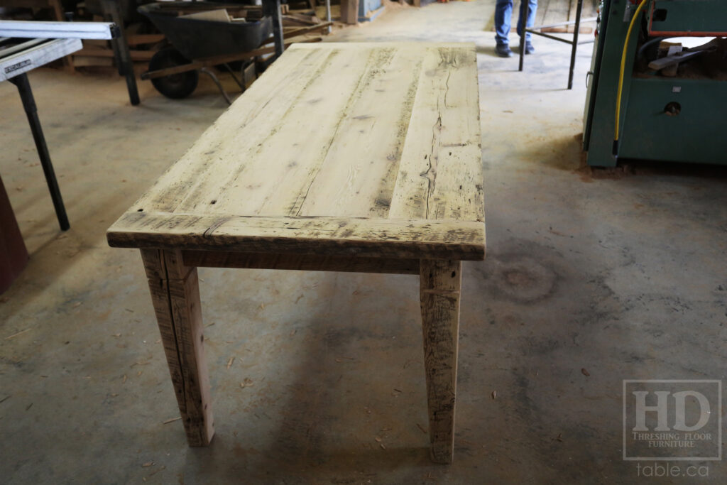 6.5' Ontario Barnwood Table - Harvest Base: Tapered with a Notch Windbrace Beam Legs - Reclaimed Old Growth Hemlock Threshing Floor Construction - Original distressing & edges maintained - Premium epoxy + satin polyurethane finish - www.table.ca