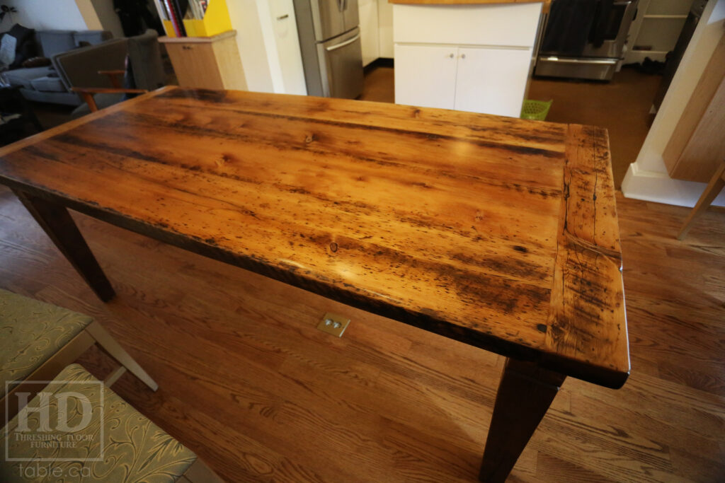 6.5' Ontario Barnwood Table - Harvest Base: Tapered with a Notch Windbrace Beam Legs - Reclaimed Old Growth Hemlock Threshing Floor Construction - Original distressing & edges maintained - Premium epoxy + satin polyurethane finish - www.table.ca