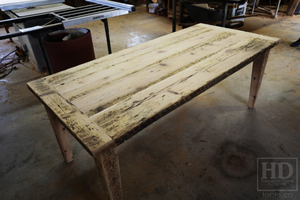 6.5' Ontario Barnwood Table - Harvest Base: Tapered with a Notch Windbrace Beam Legs - Reclaimed Old Growth Hemlock Threshing Floor Construction - Original distressing & edges maintained - Premium epoxy + satin polyurethane finish - www.table.ca