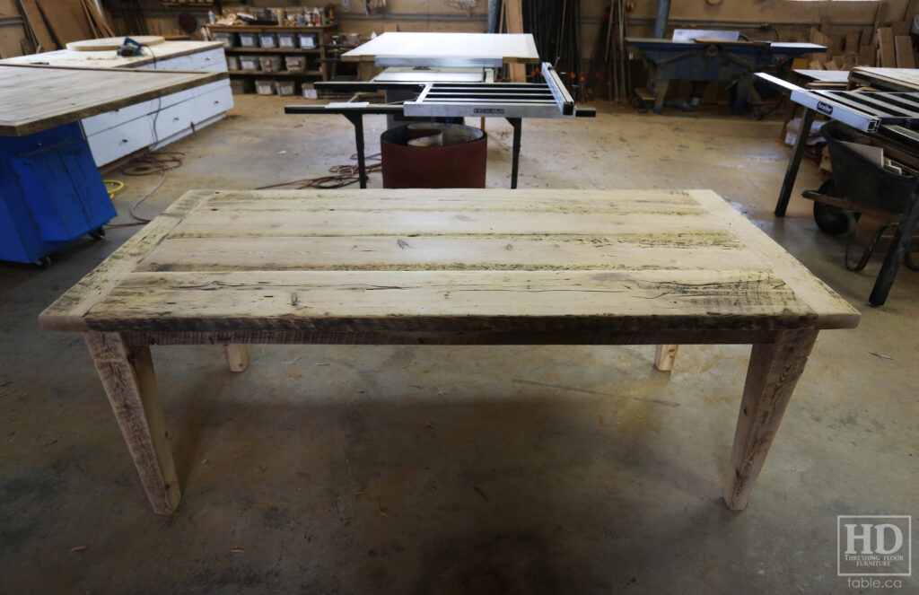 6.5' Ontario Barnwood Table - Harvest Base: Tapered with a Notch Windbrace Beam Legs - Reclaimed Old Growth Hemlock Threshing Floor Construction - Original distressing & edges maintained - Premium epoxy + satin polyurethane finish - www.table.ca