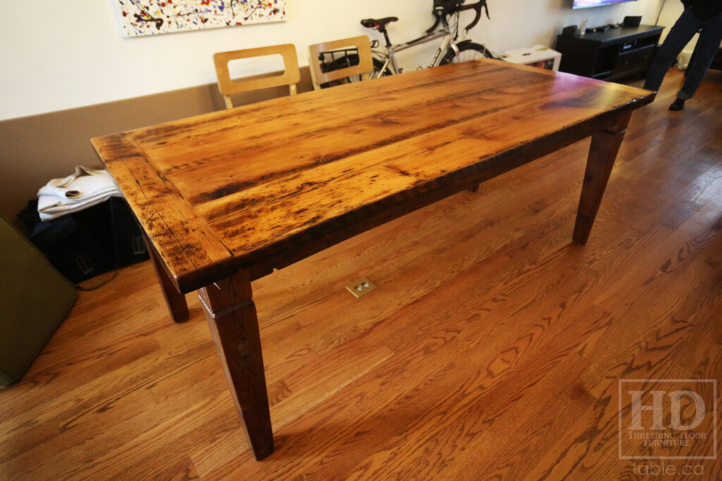 6.5' Ontario Barnwood Table - Harvest Base: Tapered with a Notch Windbrace Beam Legs - Reclaimed Old Growth Hemlock Threshing Floor Construction - Original distressing & edges maintained - Premium epoxy + satin polyurethane finish - www.table.ca