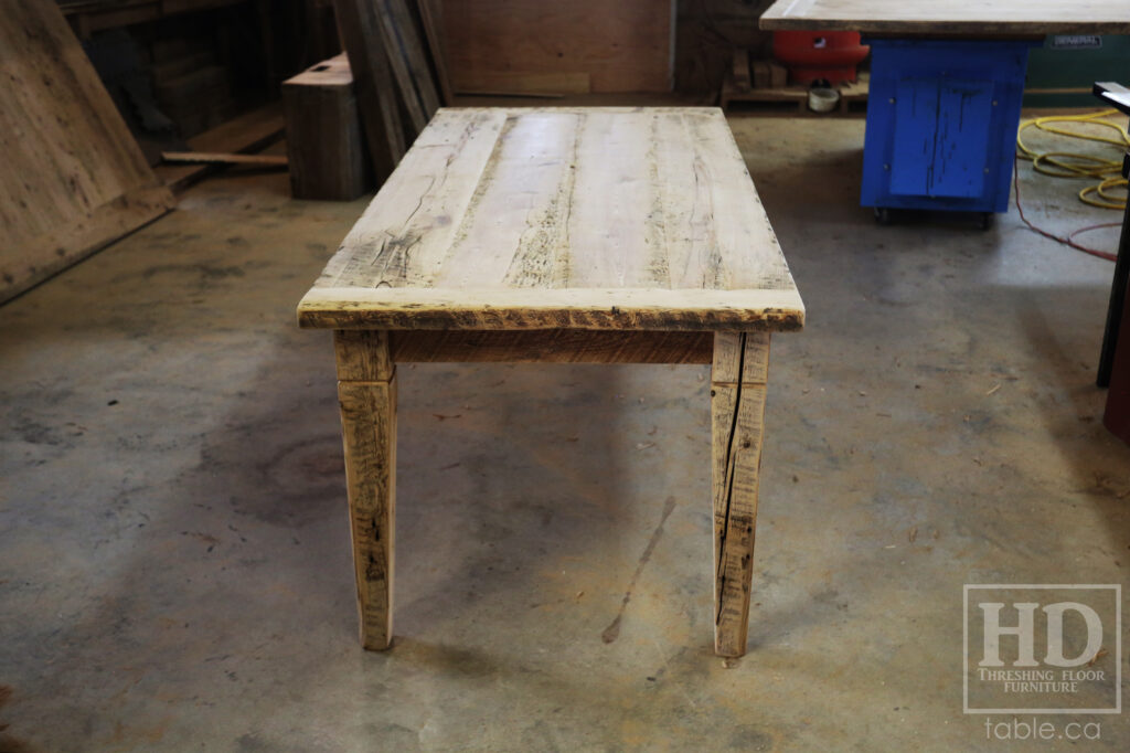 6.5' Ontario Barnwood Table - Harvest Base: Tapered with a Notch Windbrace Beam Legs - Reclaimed Old Growth Hemlock Threshing Floor Construction - Original distressing & edges maintained - Premium epoxy + satin polyurethane finish - www.table.ca