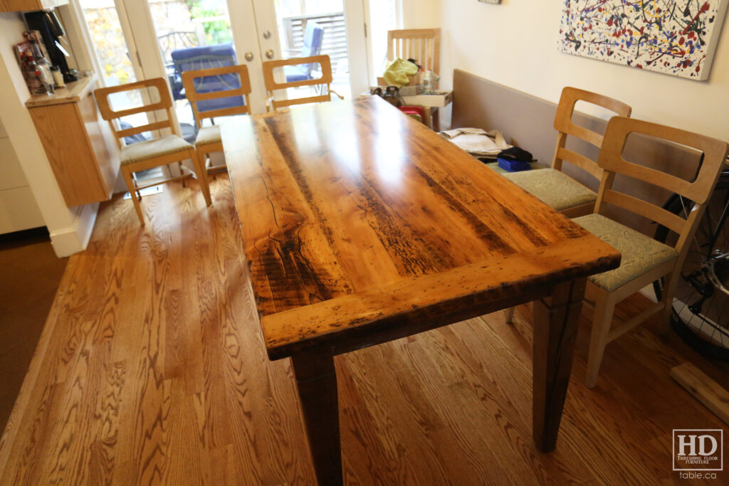 6.5' Ontario Barnwood Table - Harvest Base: Tapered with a Notch Windbrace Beam Legs - Reclaimed Old Growth Hemlock Threshing Floor Construction - Original distressing & edges maintained - Premium epoxy + satin polyurethane finish - www.table.ca