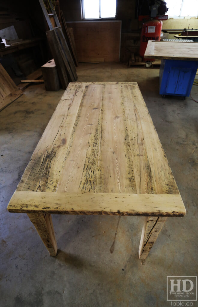 6.5' Ontario Barnwood Table - Harvest Base: Tapered with a Notch Windbrace Beam Legs - Reclaimed Old Growth Hemlock Threshing Floor Construction - Original distressing & edges maintained - Premium epoxy + satin polyurethane finish - www.table.ca