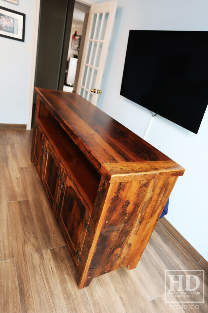 70" Ontario Barnwood Entertainment unit - 20" deep - 36" height - Mission Cast Brass Lee Valley Hardware - Old Growth Reclaimed Hemlock Threshing Floor & Grainery Board Construction - Original edges & distressing maintained - Premium epoxy + matte polyurethane finish - www.table.ca