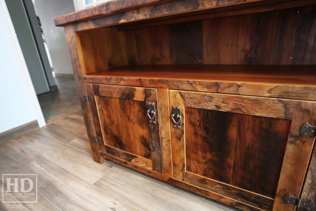 70" Ontario Barnwood Entertainment unit - 20" deep - 36" height - Mission Cast Brass Lee Valley Hardware - Old Growth Reclaimed Hemlock Threshing Floor & Grainery Board Construction - Original edges & distressing maintained - Premium epoxy + matte polyurethane finish - www.table.ca