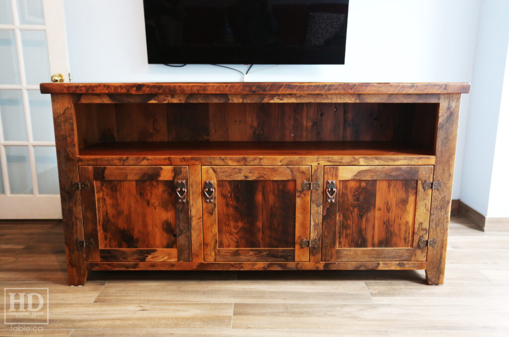 70" Ontario Barnwood Entertainment unit - 20" deep - 36" height - Mission Cast Brass Lee Valley Hardware - Old Growth Reclaimed Hemlock Threshing Floor & Grainery Board Construction - Original edges & distressing maintained - Premium epoxy + matte polyurethane finish - www.table.ca
