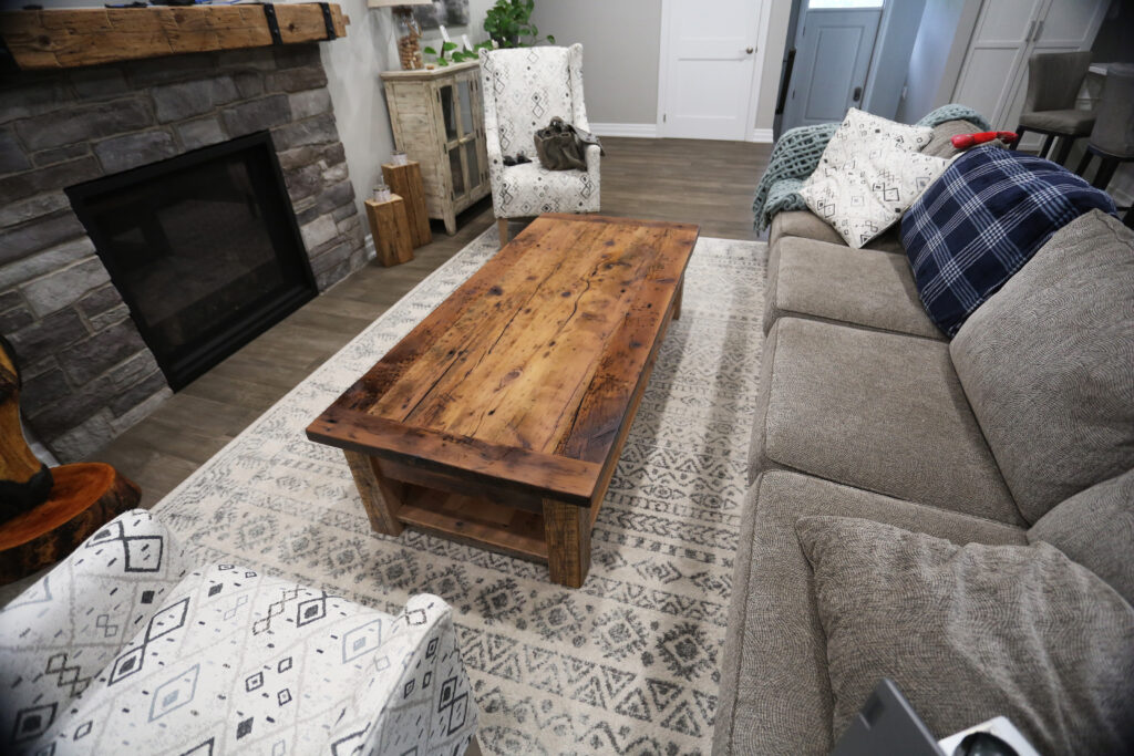 72" Ontario Barnwood coffee table we delivered to an Erin home - 32" wide - 18" height - Drawer Option - Straight 4"x4" Windbrace Beam Legs - Bottom 1" Grainery Board Shelf - Reclaimed Old Growth Threshing Floor Construction - Original edges & distressing maintained - Greytone Option - Premium epoxy + satin polyurethane finish - www.table.ca